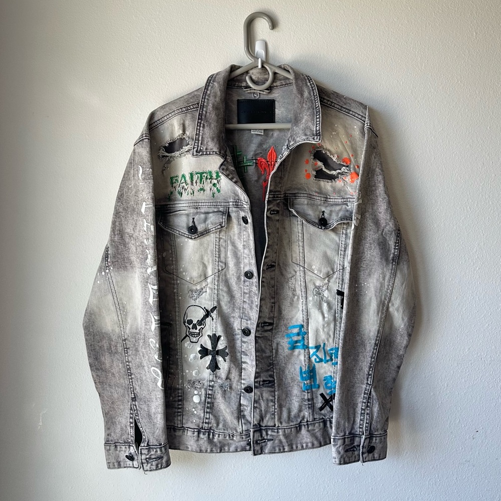 Smoke rise denim co // Mens Gray Denim Jacket with Graphic Designs XL Streetwear
